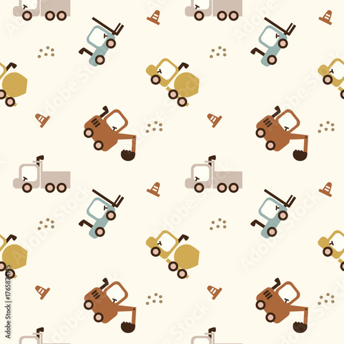 Backhoe cartoon so cute. On cement mixer truck forklift traffic cone background. Pattern seamless vector illustration. 