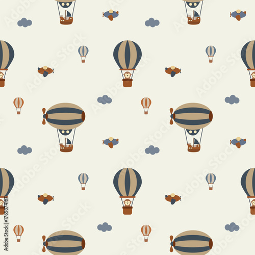 Monkey in hot air balloon cartoon so cute. On airship sailboat airplane cloud background. Pattern seamless vector illustration. 