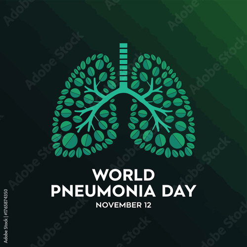Vector art of world pneumonia day illustration with lungs made of small green circles and text on a dark background