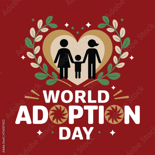 Vector art of world adoption day celebration with a family silhouette inside a heart and festive wreath, symbolizing love and unity for adopted children