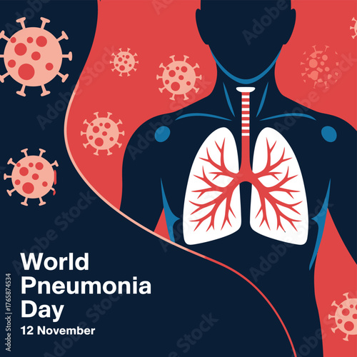 Vector art of world pneumonia day graphic showing human silhouette, lungs, virus particles, and text on a red and blue background