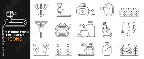 Thin line agriculture irrigation icon set for eco farming design.