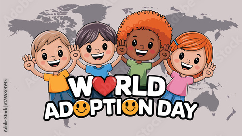 Vector art of diverse group of happy cartoon children holding hands in front of a world map, celebrating world adoption day with smiles and joy
