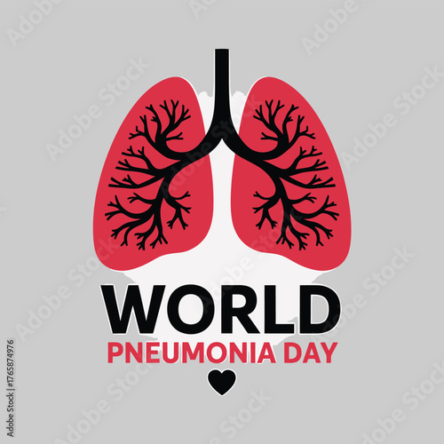 Vector art of world pneumonia day graphic with vibrant red lungs and branching airways, emphasizing the critical nature of respiratory health and disease awareness