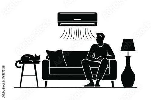 Man and cat relaxing under air conditioner in modern living room