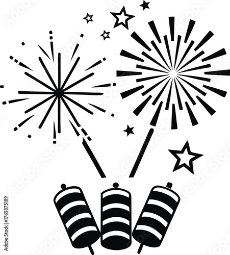 Black and White Fireworks and Firecracker Vector Illustration Design