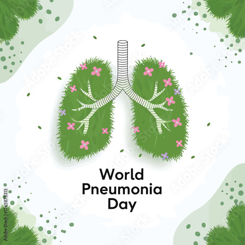 Vector art of artistic representation of lungs for world pneumonia day, featuring a textured green surface with delicate flowers and branches