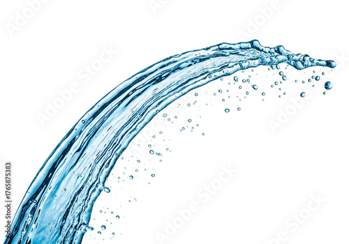 A dynamic stream of clear blue water splashing and flowing in an arc isolated on transparent background
