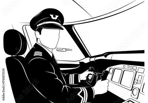 Professional airline pilot silhouette vector graphic at the controls inside an aircraft cockpit preparing for flight