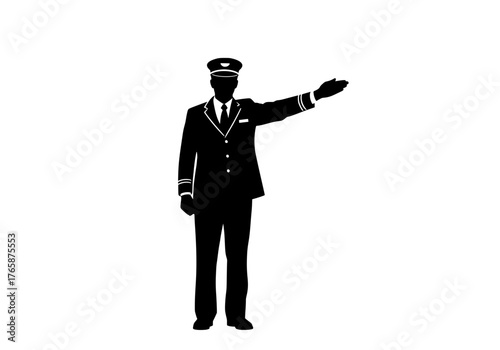 Professional airline pilot vector silhouette in full uniform with arm extended directing or signaling on white background