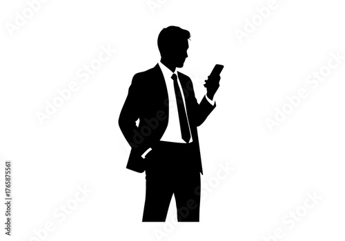 Professional businessman silhouette vector graphic looking at smartphone in a sharp suit isolated on white background