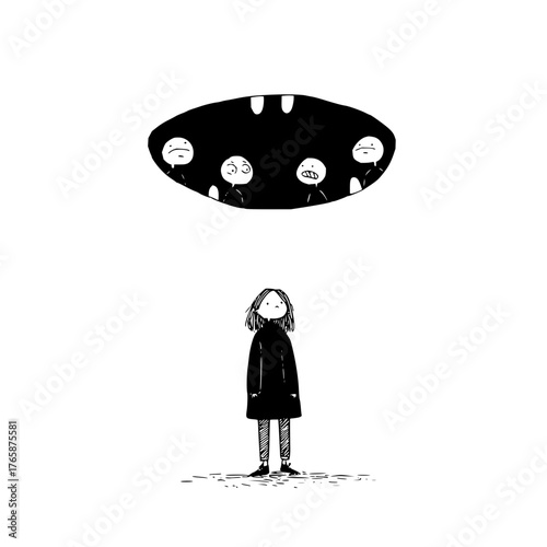 A lone figure stands beneath a dark opening with faces looking down in a black and white illustration style