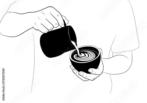 Professional barista hands pouring frothy milk into a coffee cup creating beautiful latte art vector silhouette illustration