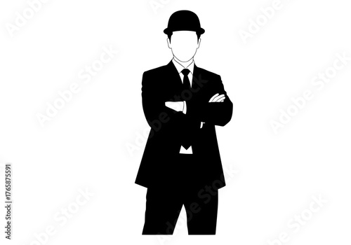 Professional businessman silhouette vector in suit and bowler hat with arms crossed standing confidently