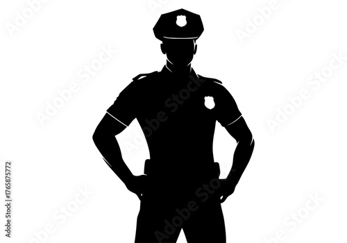 Professional police officer vector silhouette standing confidently with hands on hips wearing full uniform