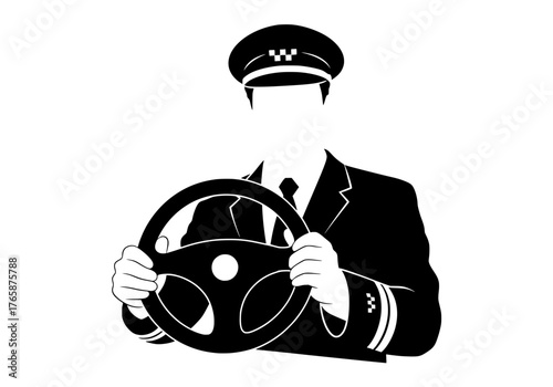 Professional taxi driver vector silhouette holding a steering wheel wearing a uniform and cap for transport services