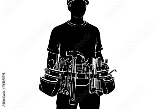 Professional tradesman worker vector silhouette wearing a full tool belt with various tools for construction and home repairs