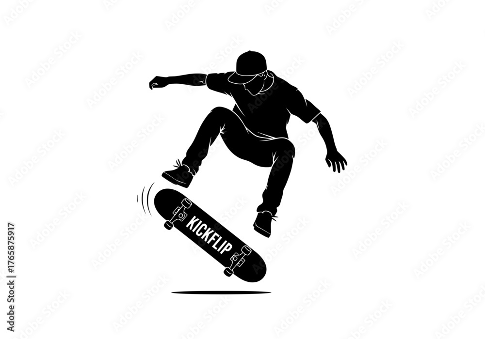 Fototapeta premium Skateboarder silhouette vector performing a dynamic kickflip trick with skateboard isolated on a clean white background