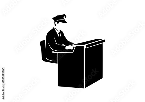 Security officer vector silhouette sitting at desk in uniform with cap for official service illustration