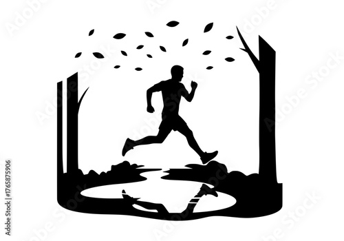 Running man vector silhouette in autumn forest with falling leaves and puddle reflection for nature sports design