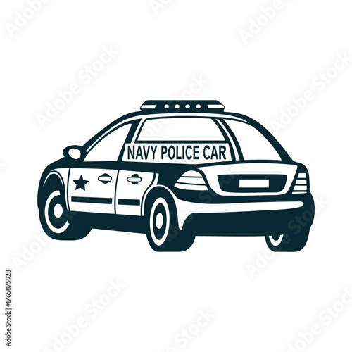 Navy Police Car Vector Illustration on White A navy police car idles on a solid indigo plane