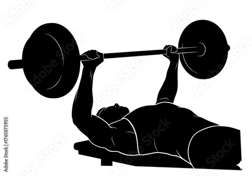 Strong male athlete performing bench press with barbell vector silhouette on a weight bench for fitness and gym illustrations