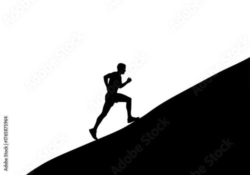 Strong male athlete vector silhouette running uphill on a steep incline representing personal challenge and fitness