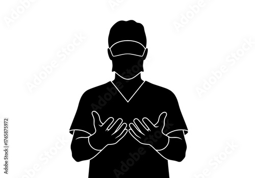 Surgeon silhouette vector icon showing gloved hands with face mask and cap ready for medical procedure