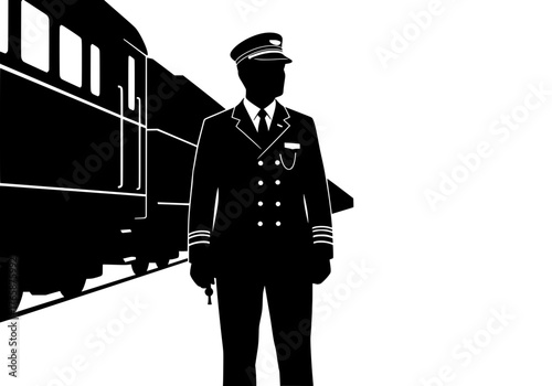Train conductor vector silhouette standing proudly on a railway platform beside a classic passenger train