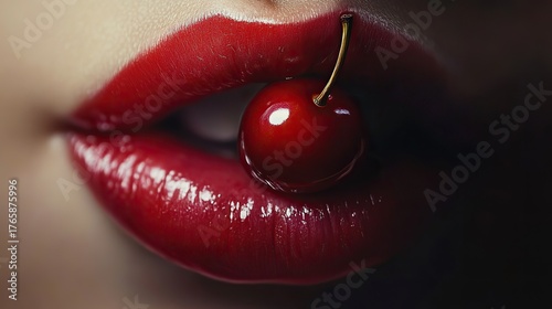 Close-up of woman's lips with red cherry, glossy lips, dark background