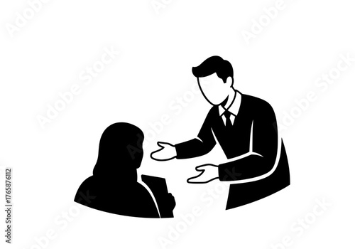 Vector silhouette illustration of two people discussing business or consulting during a professional meeting