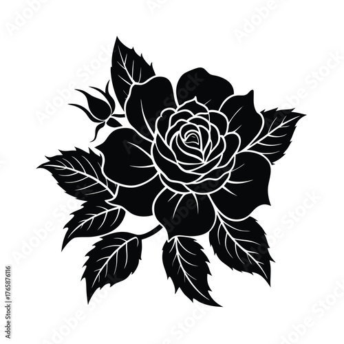 Elegant black and white silhouette of a blooming rose with leaves and buds