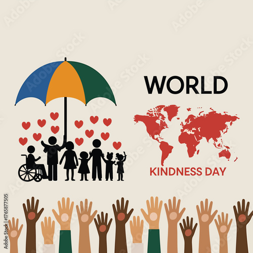 Vector art of world kindness day illustration with diverse people under an umbrella and a world map, symbolizing global unity and compassion, with hands raised in support