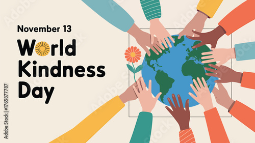 Vector art of diverse hands reaching towards planet earth, celebrating world kindness day on november 13th with a message of global unity and compassion