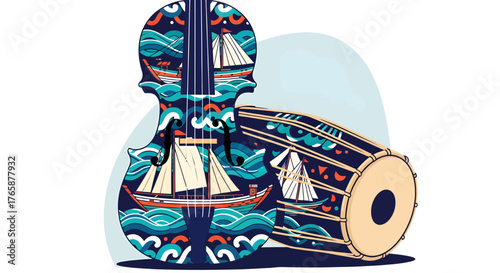 Artistic representation of a violin and drum adorned with nautical imagery and cultural patterns, symbolizing music and voyage