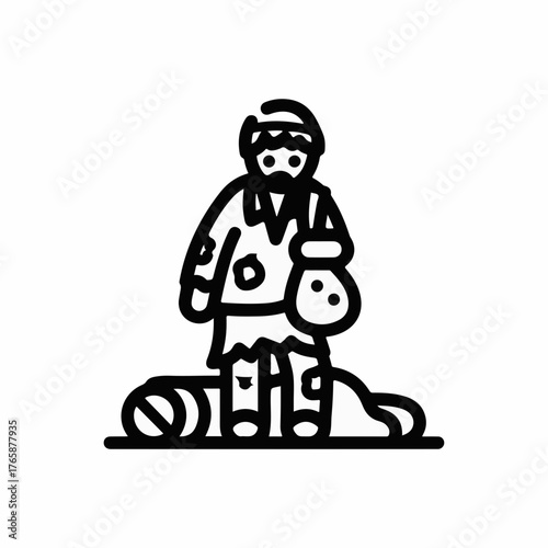 Solitary figure in worn clothes with belongings, representing hardship and resilience.