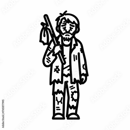 Sad, weary man with tattered clothes and a bundle on a stick, representing hardship and homelessness.
