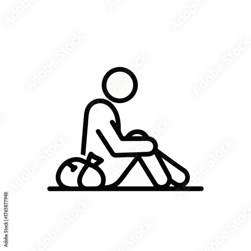 Solitary figure huddled with belongings, symbolizing loneliness and hardship.