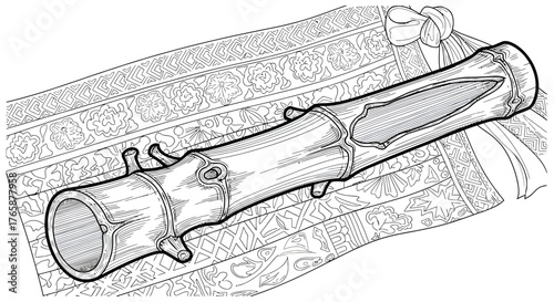 A detailed monochrome illustration of a split bamboo cane with a carved out section, resting on a patterned textile surface