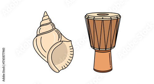 Artistic vector illustration of a conch seashell horn and a traditional djembe drum, representing nature's music and cultural rhythm
