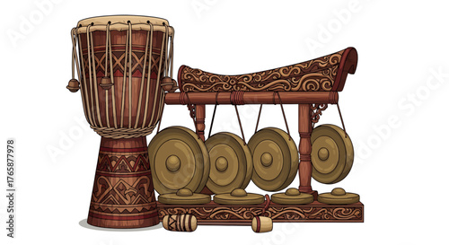 Traditional Southeast Asian musical instruments illustration, featuring a richly decorated drum and ornate gongs, embodying cultural heritage and rhythmic traditions