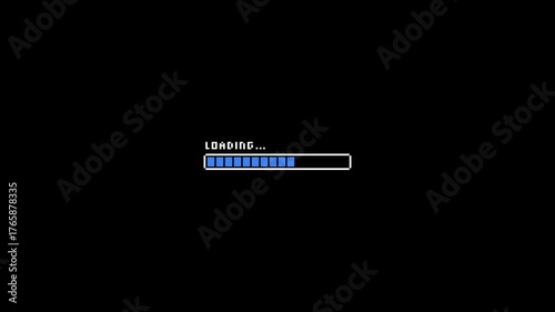 Pixel art loading bar animation 8-bit with blue bar. HD 4K animation of loading with pixel art style.