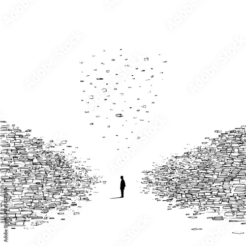 A lone figure stands between towering structures with floating blocks above in a stark black and white scene