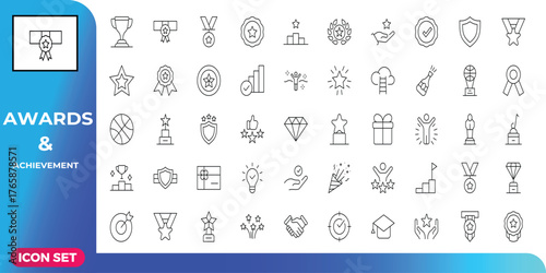 Collection of Line Art Icons Illustrating Awards, Achievements, Rewards, and Success
