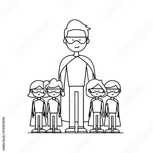 Superhero family with father and four children wearing masks and capes in a line art drawing style