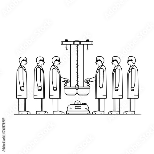 A group of scientists in lab coats standing around scientific equipment in a laboratory setting shown in line art