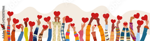 Diverse hands holding red hearts symbolizing unity compassion kindness love and volunteer spirit