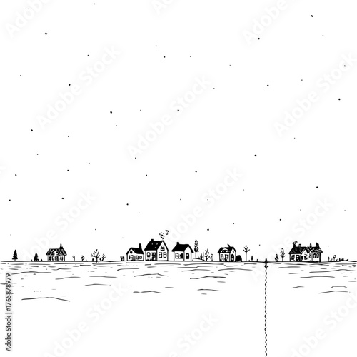 Black and white drawing of a row of houses under a starry sky with a line going down from the ground