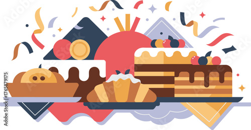 Festive Flat Illustration of Cakes, Pastries, and Confetti for Celebrations