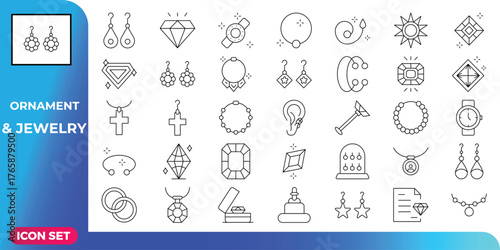 Modern minimalist outline jewelry icon set, featuring elegant rings, necklaces, earrings, and dazzling diamonds. Versatile precious ornament line icons for fashion, luxury, and digital design projects